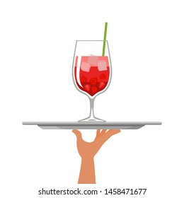 Wine glass. Cocktail with strawberries on tray on white background. Vector illusrtation