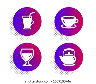 Wine glass, Coffee cup and Espresso icons simple set. Halftone dots button. Teapot sign. Cabernet wineglass, Latte drink, Coffee cup. Tea kettle. Food and drink set. Vector