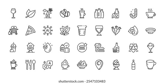 Wine glass, Coffee-berry beans and Wine bottle line icons pack. AI, Question and Answer, Map pin icons. Food, Ice cream milkshake, Latte coffee web icon. Vector