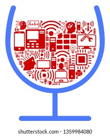 Wine Glass collage icon done for bigdata purposes. Vector wine glass mosaics are organized from computer, calculator, connections, wi-fi, network symbols into abstract collage.