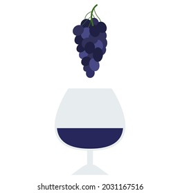 Wine, a glass of wine combined with grapes. Vector flat cartoon style.