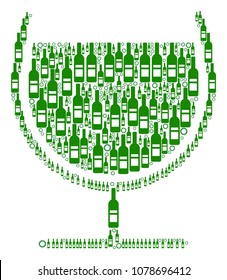 Wine Glass composition of wine bottles and circles in variable sizes and green colors. Vector items are combined into wine glass mosaic. Winery design concept.