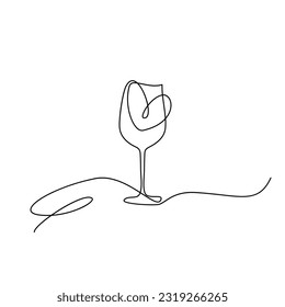 Wine Glass Continuous Line Draw with Heart, Minimalistic Monoline Wineglass, Alcohol Drink Holiday Drawing, Single One Line Wine Glass Illustration