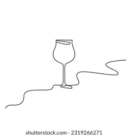 Wine Glass Continuous Line Draw, Minimalistic Monoline Wineglass, Alcohol Drink Holiday Drawing, Restaurant Romantic Dinner Concept Linear Sketch, One Line Wine Glass Illustration