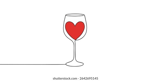 Wine Glass Continuous Line Draw with Heart, Minimalistic Monoline Wineglass, Alcohol Drink Holiday Drawing, Single One Line Wine Glass Illustration
