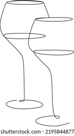 Wine Glass Continuous Line Drawing Black Sketch on White Background. Continuous Simple Drawing of Wine Glass. Minimal One Line Draw Illustration for Cafe, Shop, Delivery.