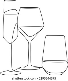 Wine Glass Continuous Line Drawing Black Sketch on White Background. Continuous Simple Drawing of Wine Glass. Minimal One Line Draw Illustration for Cafe, Shop, Delivery.