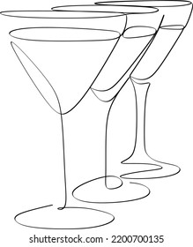 Línea continua de cristal de vino dibujando un esbozo negro sobre fondo blanco. Dibujo simple continuo de vidrio de vino. Ilustración mínima de una línea para un café, una tienda, una entrega.