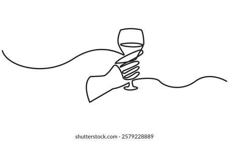 wine glass continuous one line drawing, Hand drawn hands hold wine clinking glasses
