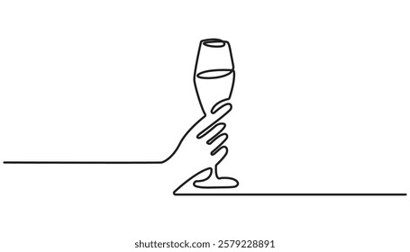 wine glass continuous one line drawing, Hand drawn hands hold wine clinking glasses