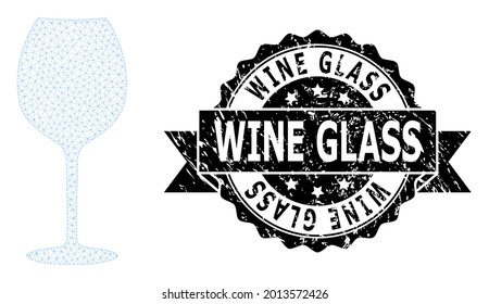 Wine Glass corroded seal print and vector wine glass mesh model. Black stamp seal contains Wine Glass caption inside ribbon and rosette. Abstract flat mesh wine glass, created from flat mesh.