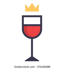 Wine glass with crown icon. Flat vector red, yellow and black colors on white background.