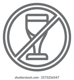 Wine glass cup ban line icon, prohibited elements concept. Vector graphics. Wine, whisky alcohol drinking forbidden sign on white background, outline style icon for mobile or web design