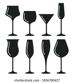 Wine glass cup icon set. Red wine symbol pour drink beverage silhouette, glass cup