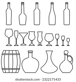 Juego de vectores vectoriales de la copa de vidrio de vino. Colección de signos de ilustración de vino rojo. vierta silueta de bebida, vaso de vidrio.