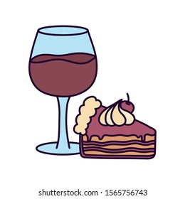 wine glass cup and slice cake on white background vector illustration