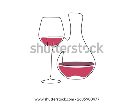 Wine glass and decanter in a continuous line art. line icon-continuous line drawing. Editable stroke. 