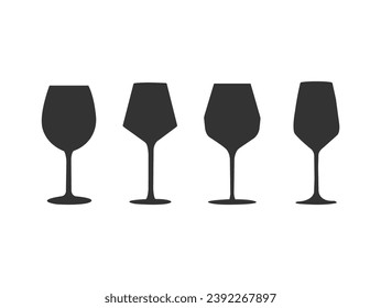 Wine glass different shapes silhouette set. Various types alcohol beverages red, white, sparkling wine champagne liquor. A collection of interesting alcohol, beer, liquor and wine glass silhouettes.