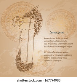 Wine Glass With The Doodle Circular Pattern On The Grunge Background. 