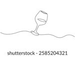 A wine glass is drawn in a line drawing style. The glass is half full, and the stem is visible, Continuous line drawing of wine glass. Single line wine glass icon.