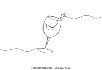 A wine glass is drawn in a line drawing style. The glass is half full, and the stem is visible, Continuous line drawing of wine glass. Single line wine glass icon.