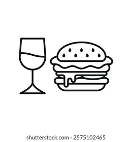 Wine glass drink and hamburger food icon with a sleek and modern flat design featuring clean lines and minimalist aesthetics