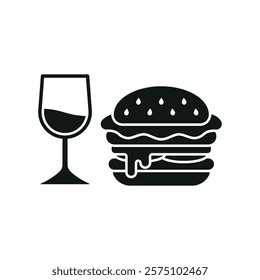 Wine glass drink and hamburger food icon with a sleek and modern flat design featuring clean lines and minimalist aesthetics