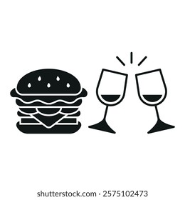 Wine glass drink and hamburger food icon with a sleek and modern flat design featuring clean lines and minimalist aesthetics