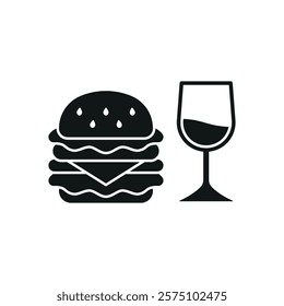 Wine glass drink and hamburger food icon with a sleek and modern flat design featuring clean lines and minimalist aesthetics