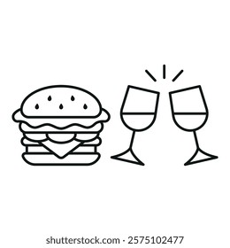 Wine glass drink and hamburger food icon with a sleek and modern flat design featuring clean lines and minimalist aesthetics