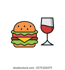 Wine glass drink and hamburger food icon with a sleek and modern flat design featuring clean lines and minimalist aesthetics