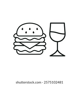 Wine glass drink and hamburger food icon with a sleek and modern flat design featuring clean lines and minimalist aesthetics