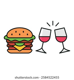 Wine glass drink and hamburger food icon with a sleek and modern flat design featuring clean lines and minimalist aesthetics