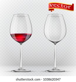 Wine glass, empty and with red wine, transparent vector illustration. Transparency wine glass. Empty and full. 3d realism, vector icon. Realistic 3d vector of high detail