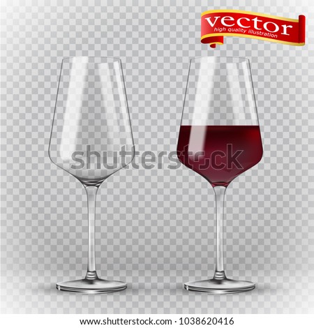 Wine glass, empty and with red wine, transparent vector illustration. Transparency wine glass. Empty and full. 3d realism, vector icon. Realistic 3d vector of high detail