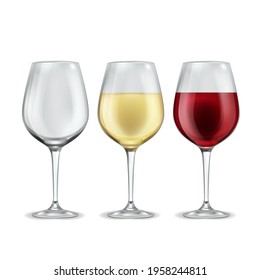 Wine glass. Empty with red or white grape beverage glasses, half filled alcoholic drink in elegant transparent wineglass. Realistic winery collection, 3d vector isolated illustration