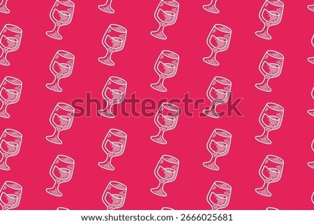Wine glass engraving seamless pattern on pink background for merchandise. Cocktail product line art doodle pattern background. Alcohol beverages hatching motif wallpaper. Vector Illustration