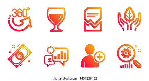 Wine glass, Fair trade and Seo statistics line icons set. Euro money, 360 degrees and Add user signs. Corrupted file, Search statistics symbols. Cabernet wineglass, Safe nature. Business set. Vector