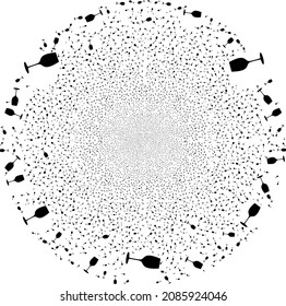 Wine glass fireworks spheric cluster. Object pattern is combined from scattered wine glass symbols as festive round shape. Abstract round cluster mosaic is organized from wine glass symbols.