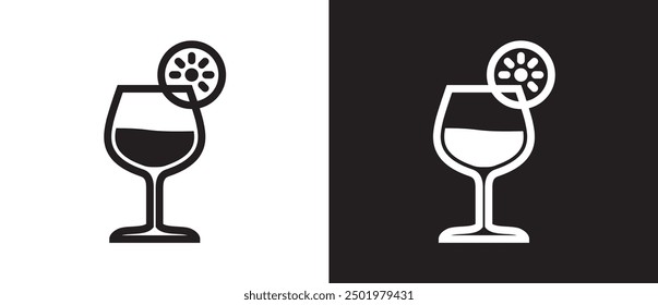 Copa de vino con decoración de frutas, icono de vidrio de bebida. Icono de la taza de cristal para las bebidas en estilo plano. Vino tinto, copa de vino del globo, Ilustración vectorial aislada en el fondo blanco y negro. Eps10