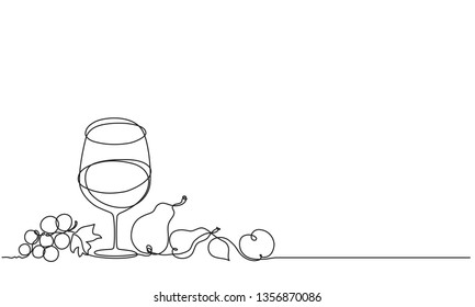 Wine glass, fruit. Vector. Drawing by continuous line. Doodle. Sketch. Still life