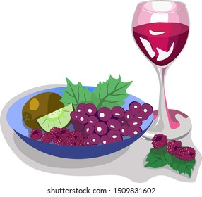 wine in a glass, fruits, grapes, kiwi, raspberries