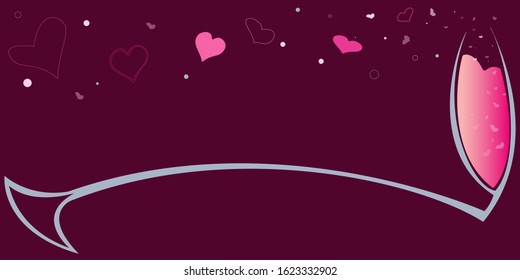 Wine glass full of champagne and hearts on bordeaux background for invitation card 14 February. Valentine day vector illustration e-cards sample. Phone case, laptop case, clothes prints, gifts.