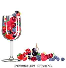 wine glass full of red and black ripe juicy berries and fruit with some berries beside on white background - blueberry, cherry, strawberry, blackberry, red currant - flat vector illustration