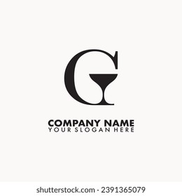 Wine glass and G letter on logo designs vector.