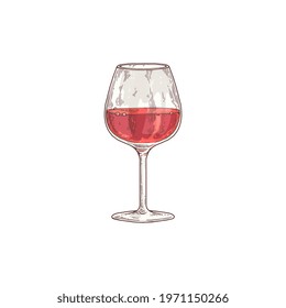 Wine glass or goblet full of red wine sketch style cartoon vector illustration isolated on white background. Alcohol drink icon or symbol for bar menu and packaging.
