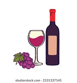 Wine Glass, Grape and Wine Bottle Vector Illustration, Wine Vector image, Wine Bottle Icon, Grape Fruit Cartoon Vector, Wines Simple Set Vector, Decorative Winery Clip Art.