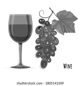 Wine glass, grape branch with leaf. Full vine glass icon with cluster of berries in black and white. Lettering Wine. Logo concept. Vector flat grey scale illustration on white background.