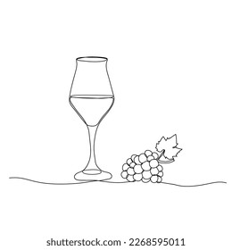 Wine glass and grape bunch in continuous one line drawing. Vector illustration