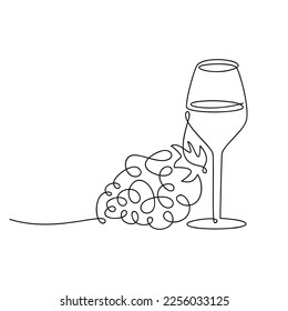 Wine glass and grape bunch vector one line continuous drawing illustration. Hand drawn linear silhouette icon. Minimal design element for print, banner, card, wall art poster, brochure.